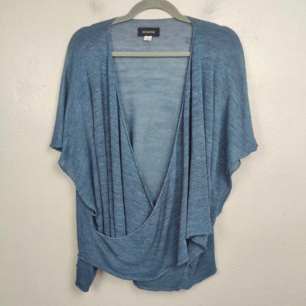 Eskandar Linen Blend Top Womens One Size Blue Open Knit Relaxed Fit Lagenlook